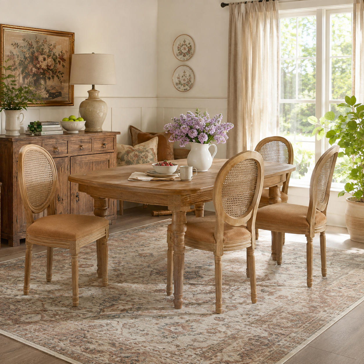 Iseo brown button tufted dining chairs beside a round wood table in a cozy room