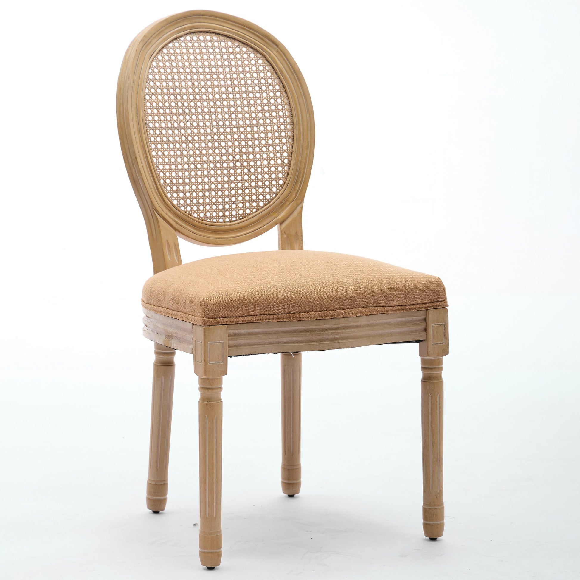 Iseo brown dining chair front angled view with oval cane back on white background
