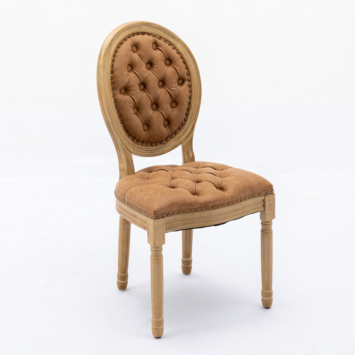 Iseo brown PU leather dining chair front angled view with rubberwood legs on white background