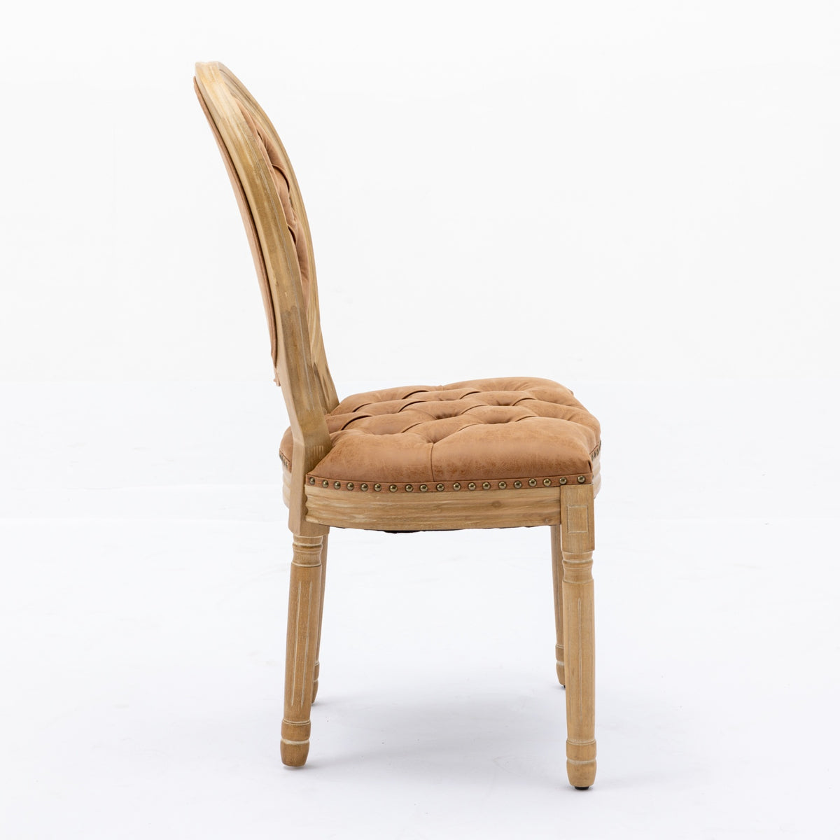 Iseo brown dining chair side view with oval upholstered backrest on white background