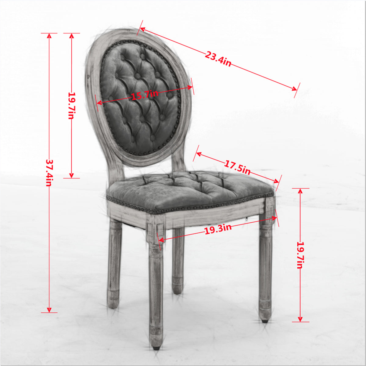 Iseo dark brown button tufted PU leather dining chair showing product dimensions with solid rubberwood legs