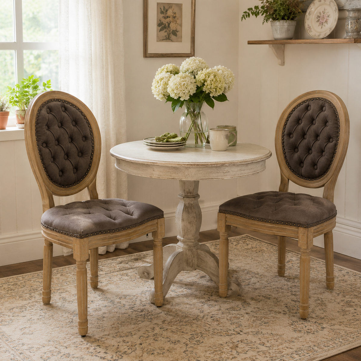 Iseo dark brown button tufted PU leather dining chairs with wood legs around a round dining table