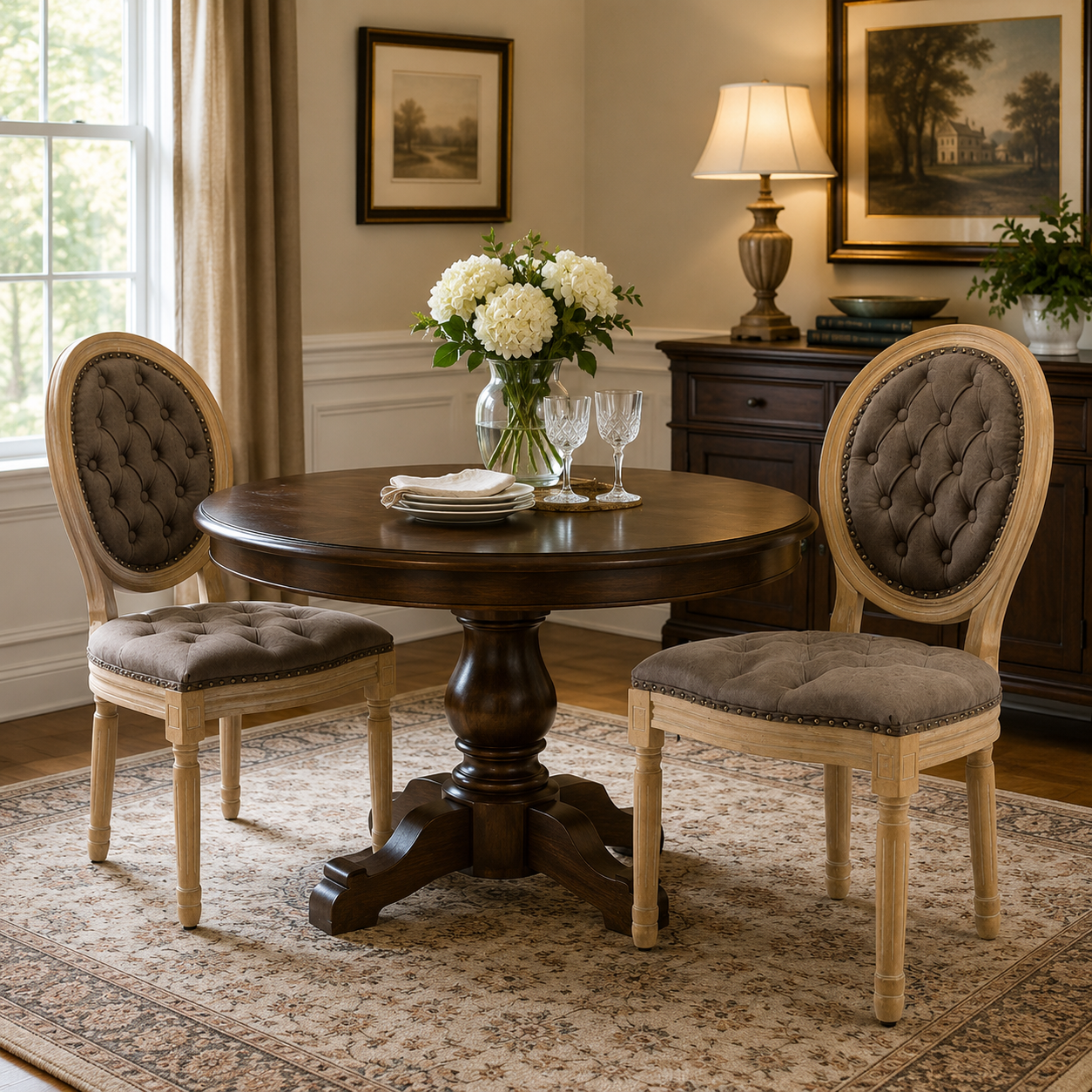 Iseo dark brown upholstered dining chairs in a warm traditional dining room