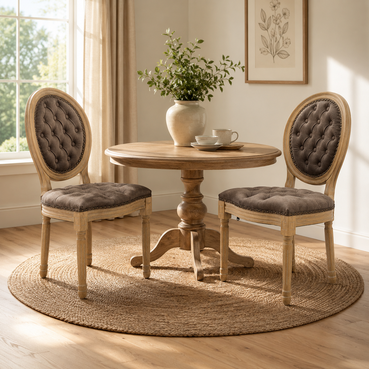 Iseo dark brown tufted dining chair set beside a wood dining table in a cozy room