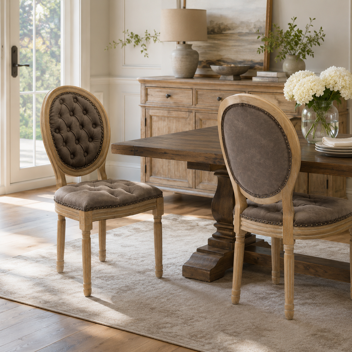 Iseo dark brown PU leather dining chairs in a bright dining area with natural wood accents