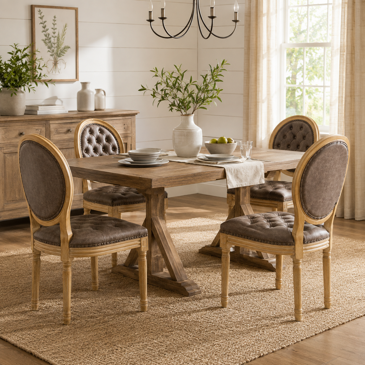 Iseo dark brown PU leather dining chairs in a bright dining area with natural wood accents