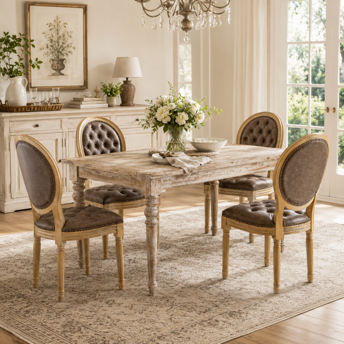 Iseo dark brown PU leather dining chairs in a bright dining area with natural wood accents