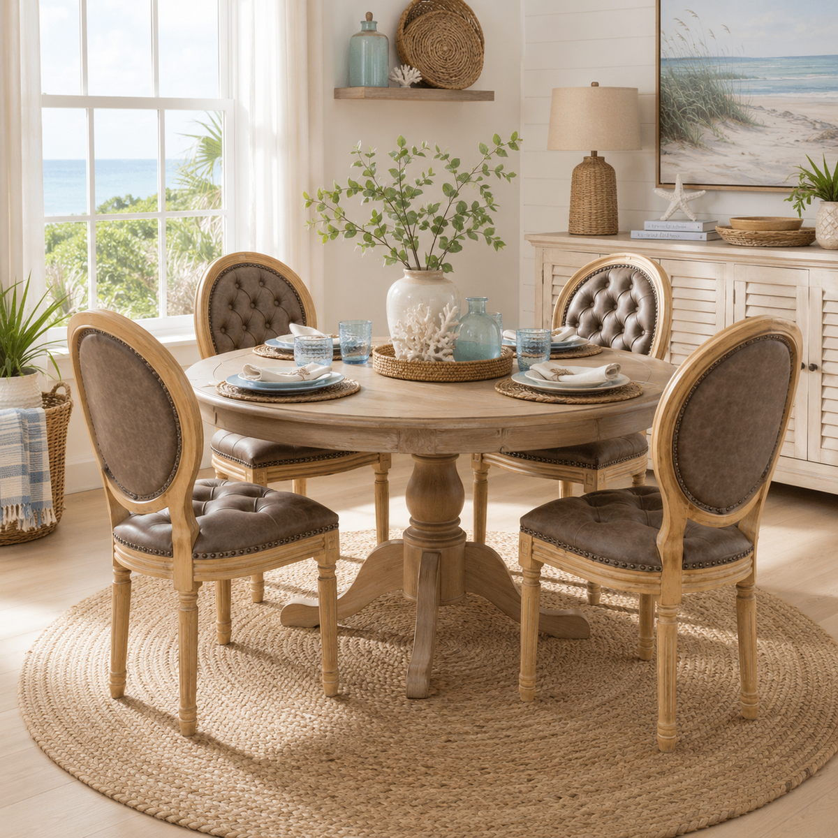 Iseo dark brown PU leather dining chairs in a bright dining area with natural wood accents