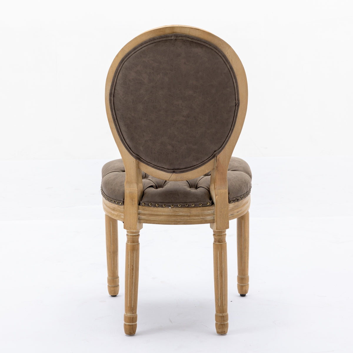 Iseo dark brown dining chair rear view with oval wood-framed backrest on white background