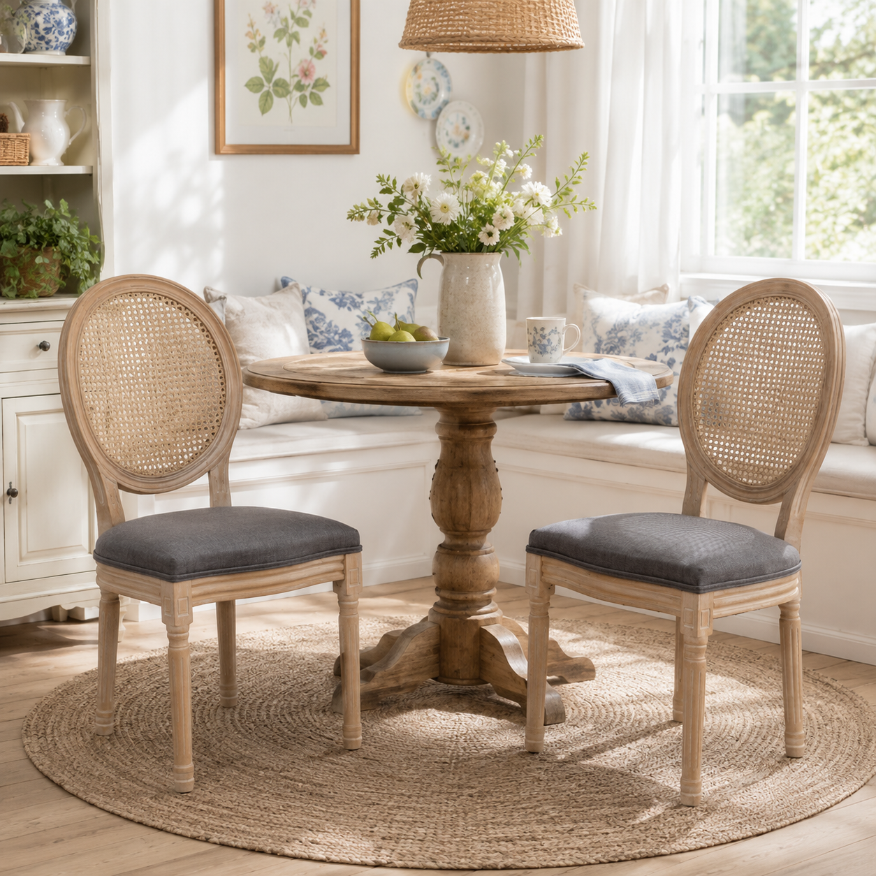 Iseo gray upholstered dining chairs in a bright dining room with natural wood furniture