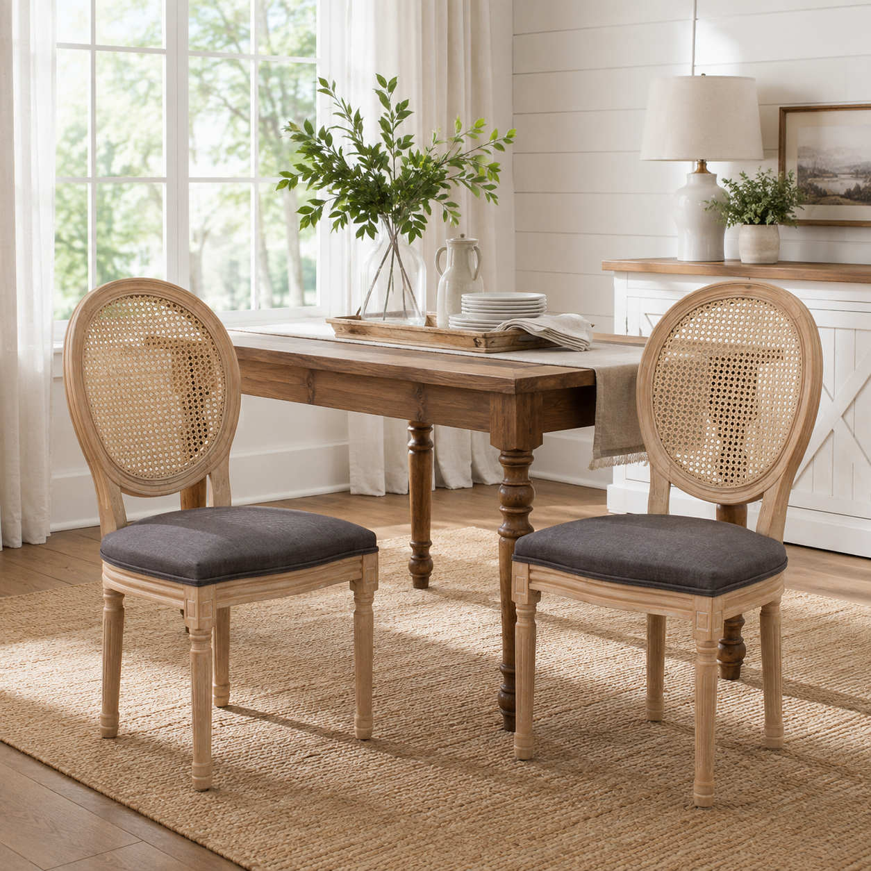 Iseo gray dining chair set beside a round wood table in a warm contemporary dining space
