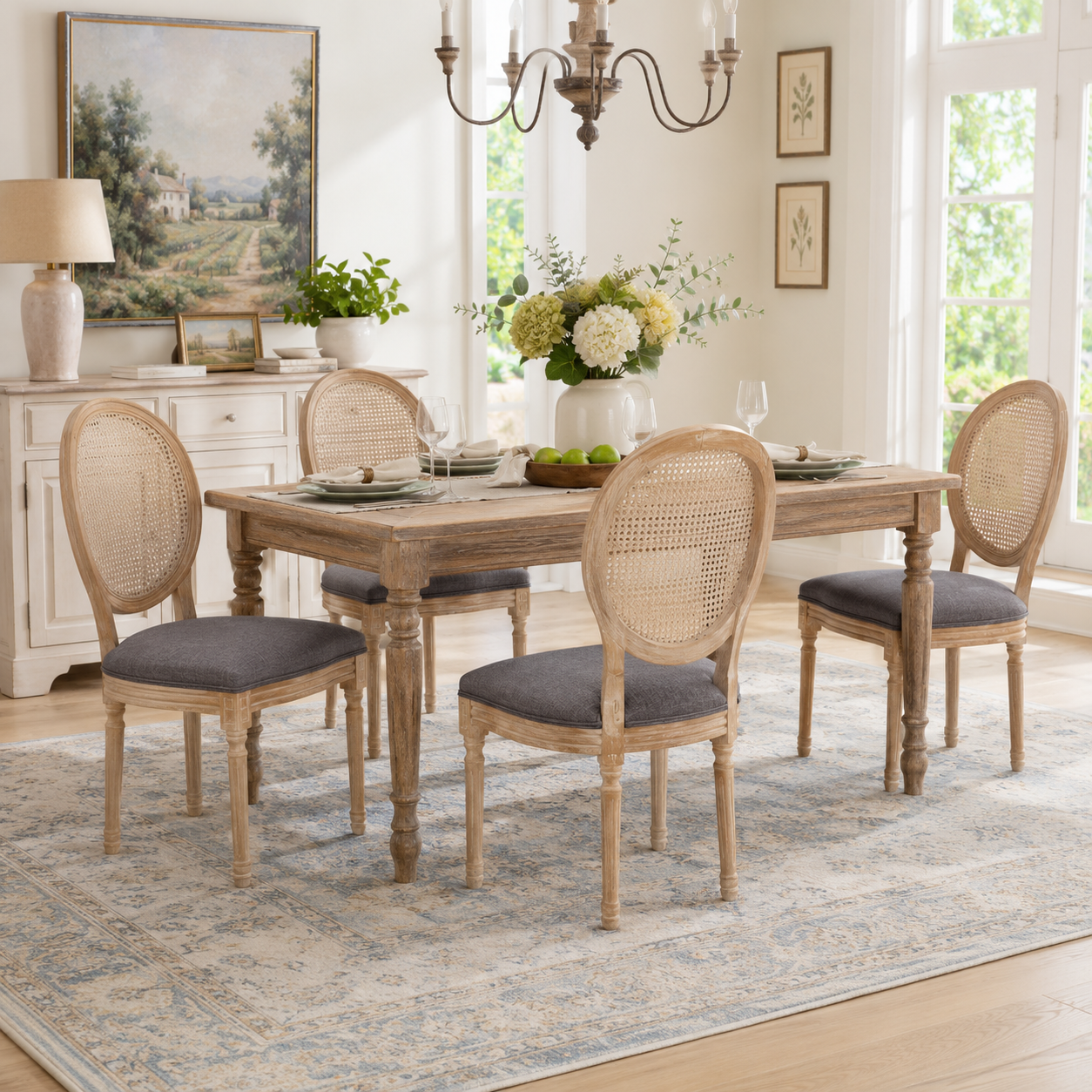 Iseo gray button tufted dining chairs in a cozy dining room with neutral decor