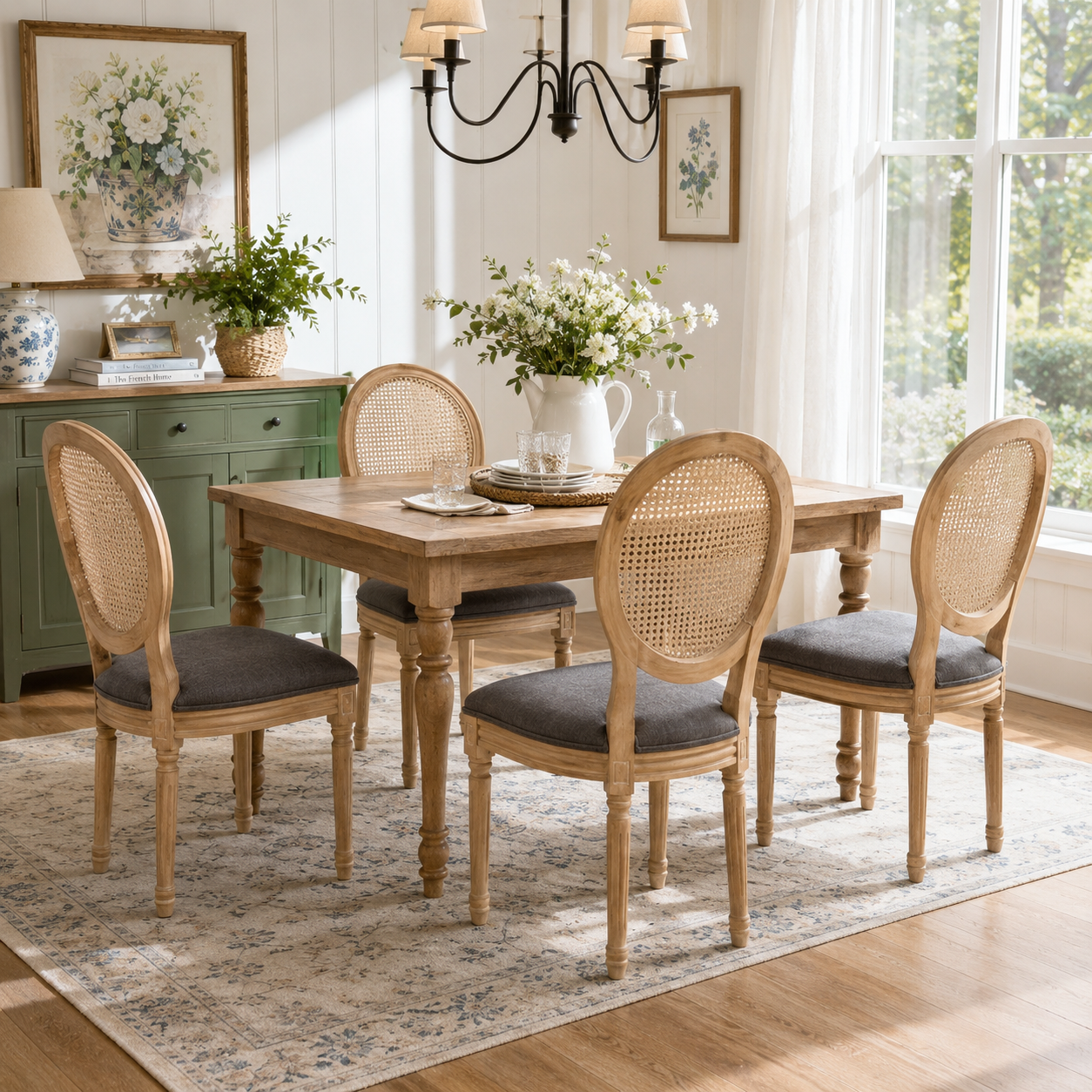 Iseo gray button tufted dining chairs in a cozy dining room with neutral decor