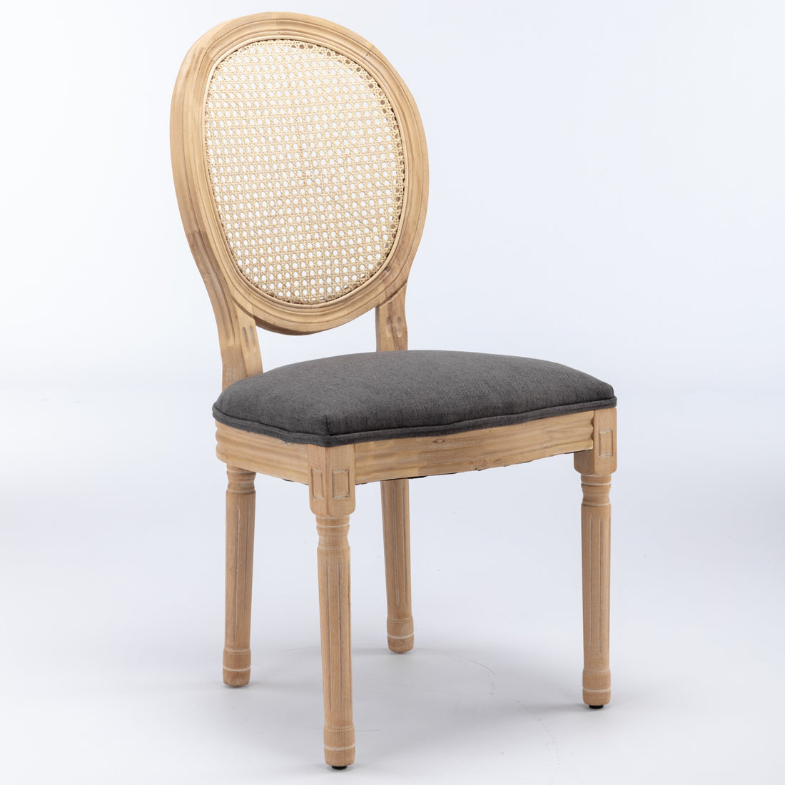 Iseo gray dining chair front angled view with solid rubberwood legs on white background