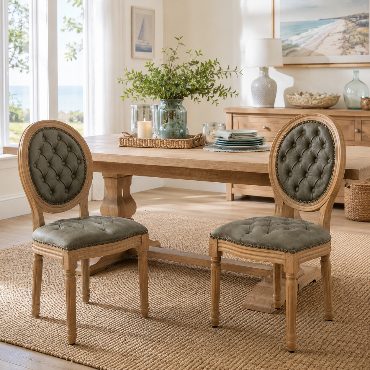 Iseo green button tufted PU leather dining chairs with solid rubberwood legs around a round dining table