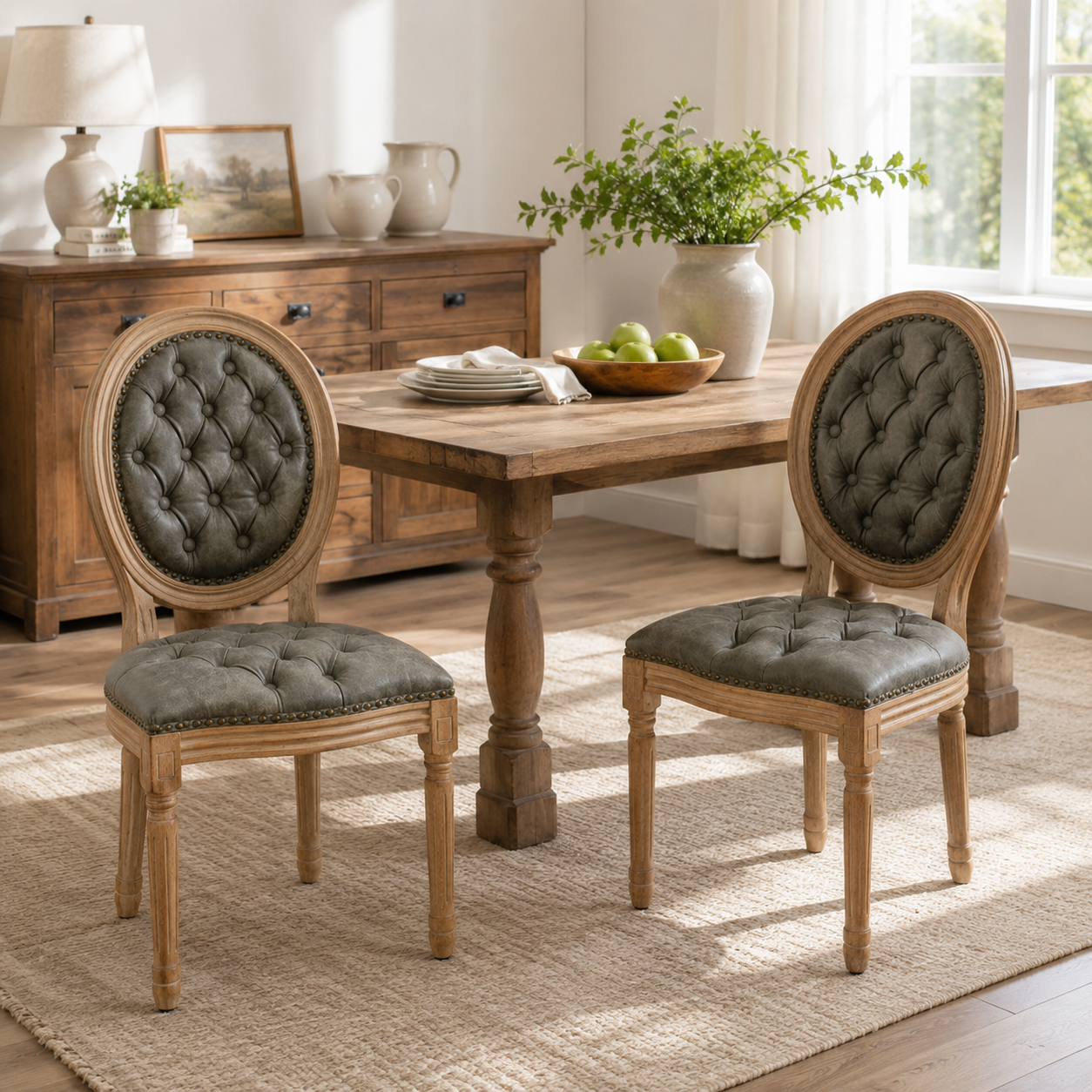 Iseo green upholstered dining chairs in a bright dining room with natural wood furniture
