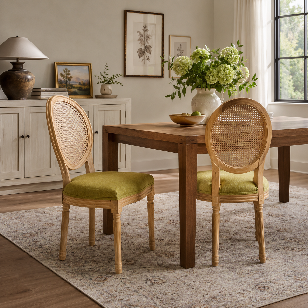 Iseo green upholstered dining chairs in a bright dining room with warm wood furniture