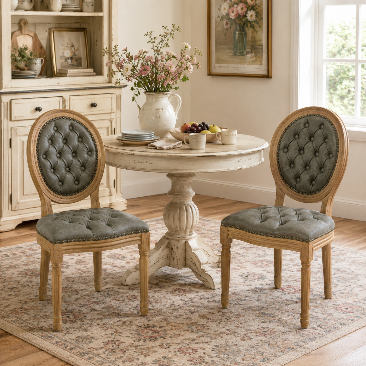 Iseo green tufted dining chair set in a warm dining space with neutral decor