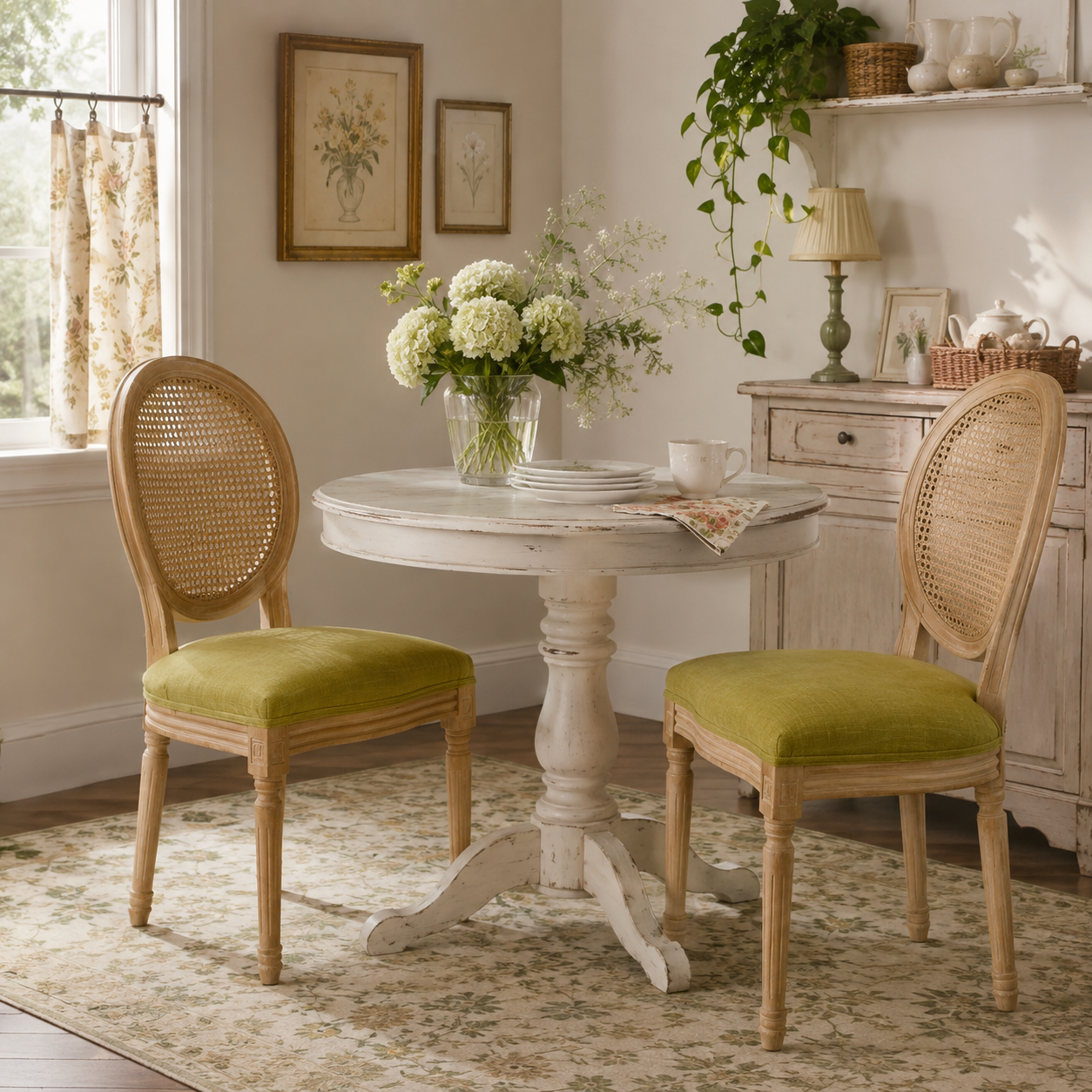 Iseo green dining chair set in a cozy dining space with natural light