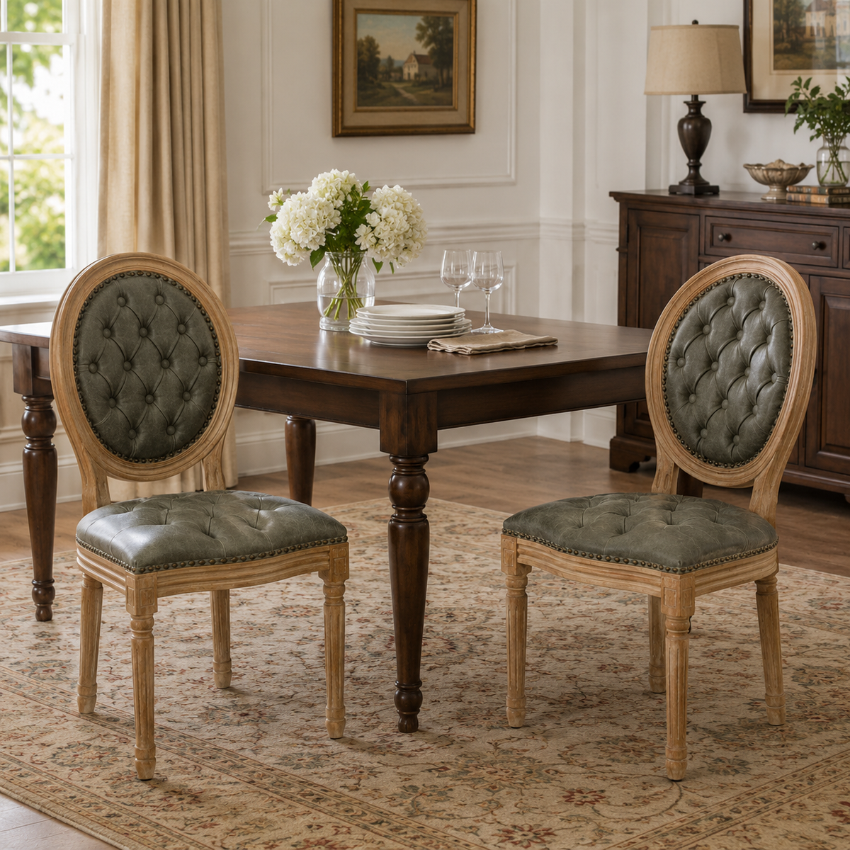 Iseo green PU leather dining chairs around a wood table in a cozy contemporary dining room