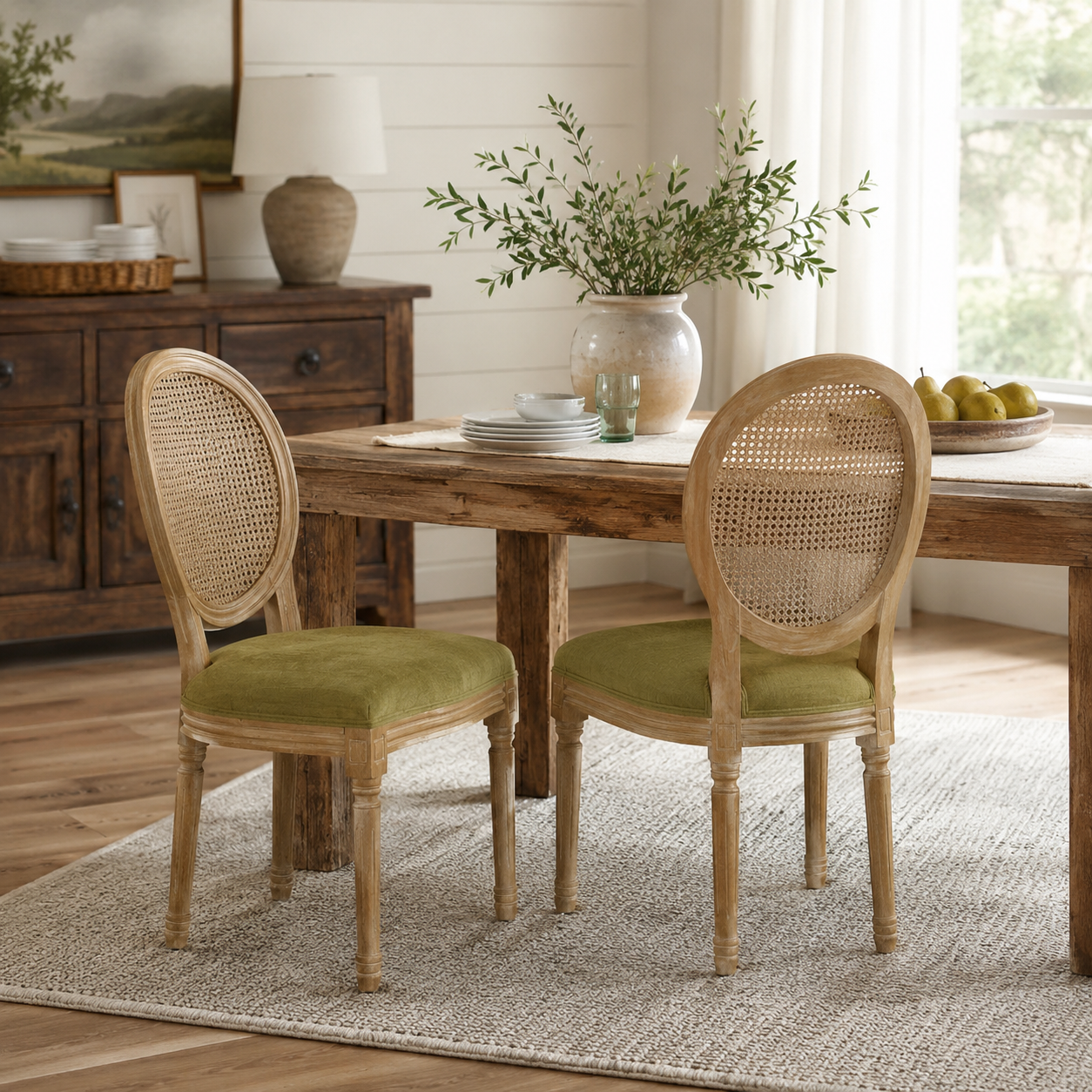 Iseo green button tufted dining chairs arranged around a wood pedestal table