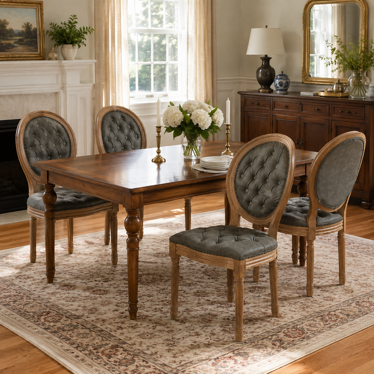 Iseo green PU leather dining chairs around a wood table in a cozy contemporary dining room