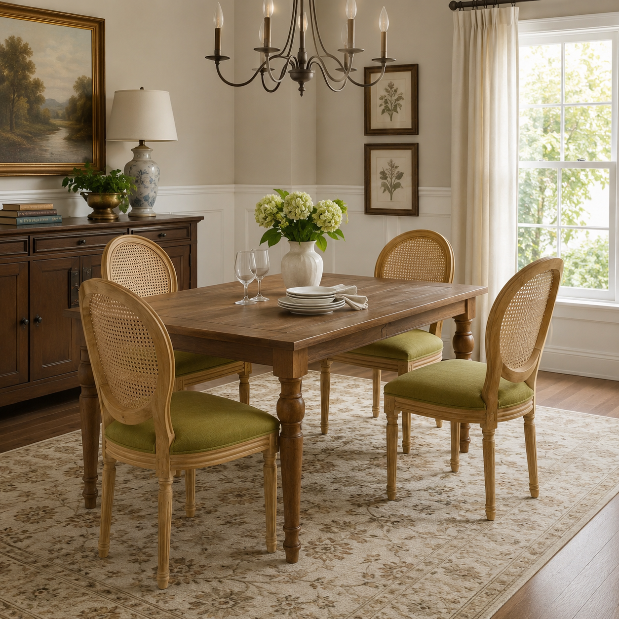Iseo green button tufted dining chairs arranged around a wood pedestal table