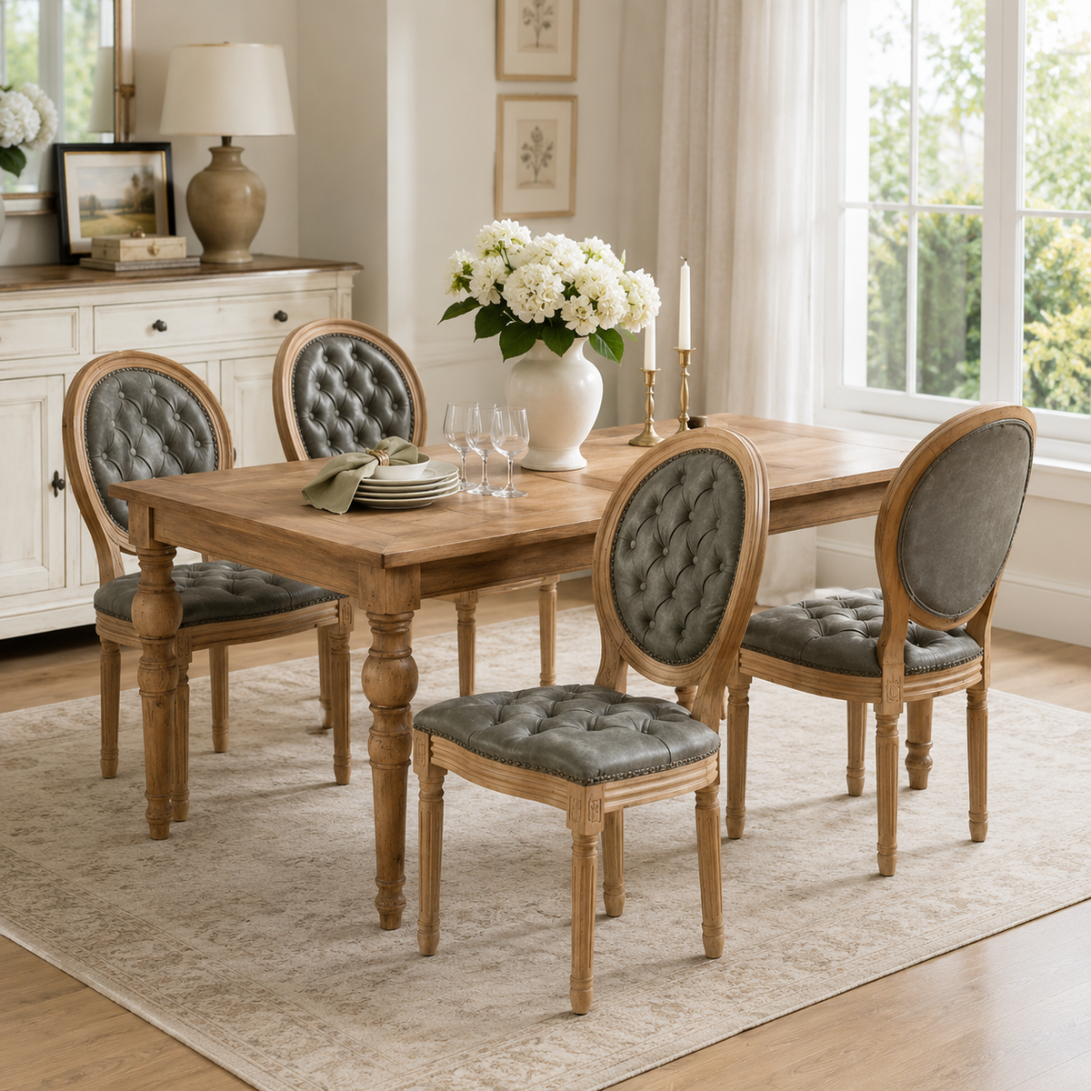 Iseo green PU leather dining chairs around a wood table in a cozy contemporary dining room