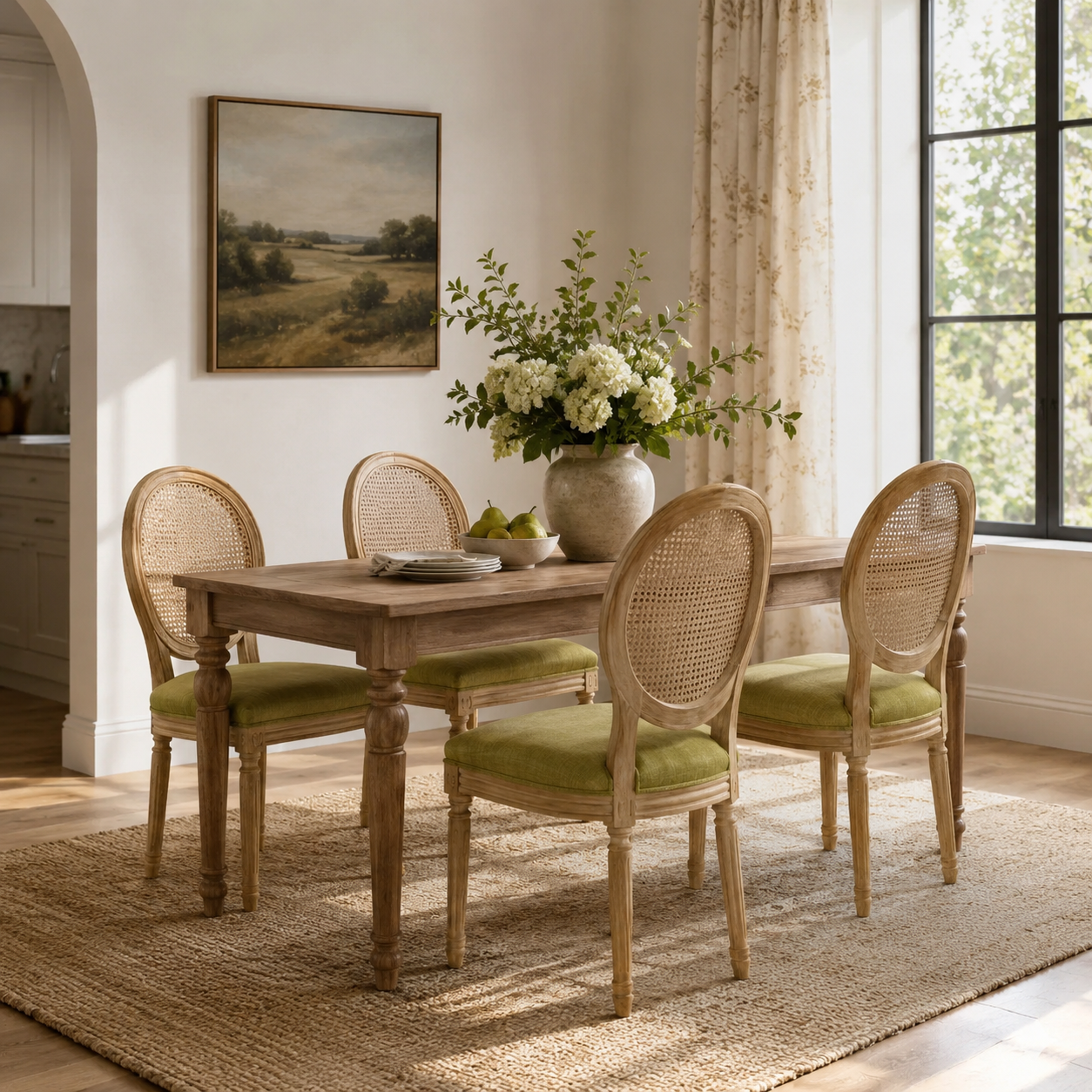 Iseo green button tufted dining chairs arranged around a wood pedestal table