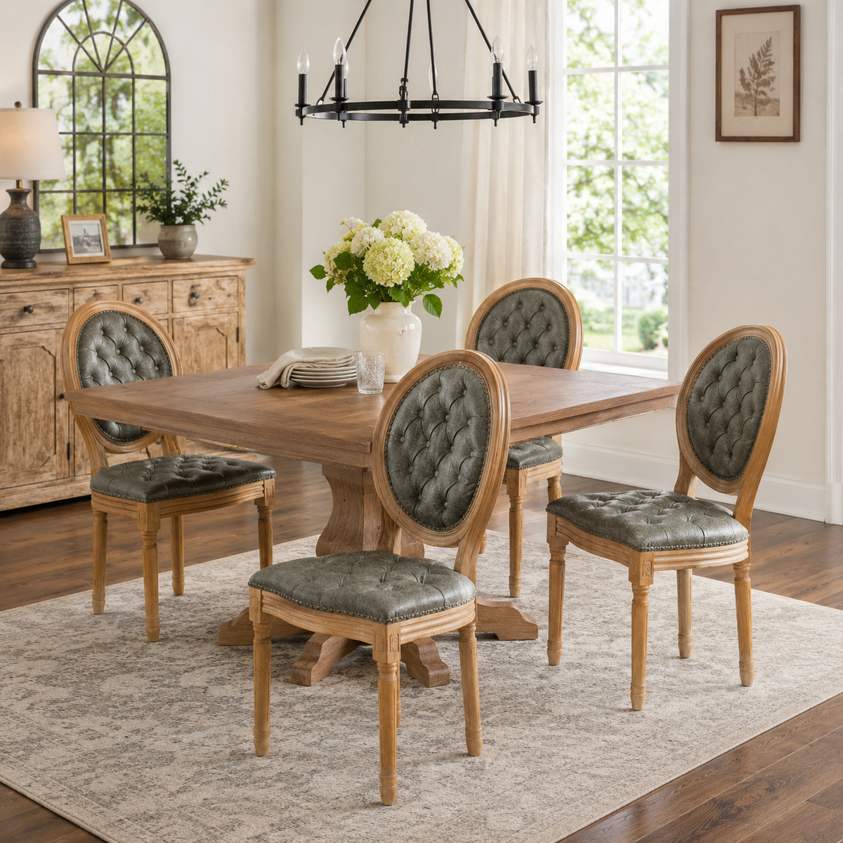 Iseo green PU leather dining chairs around a wood table in a cozy contemporary dining room