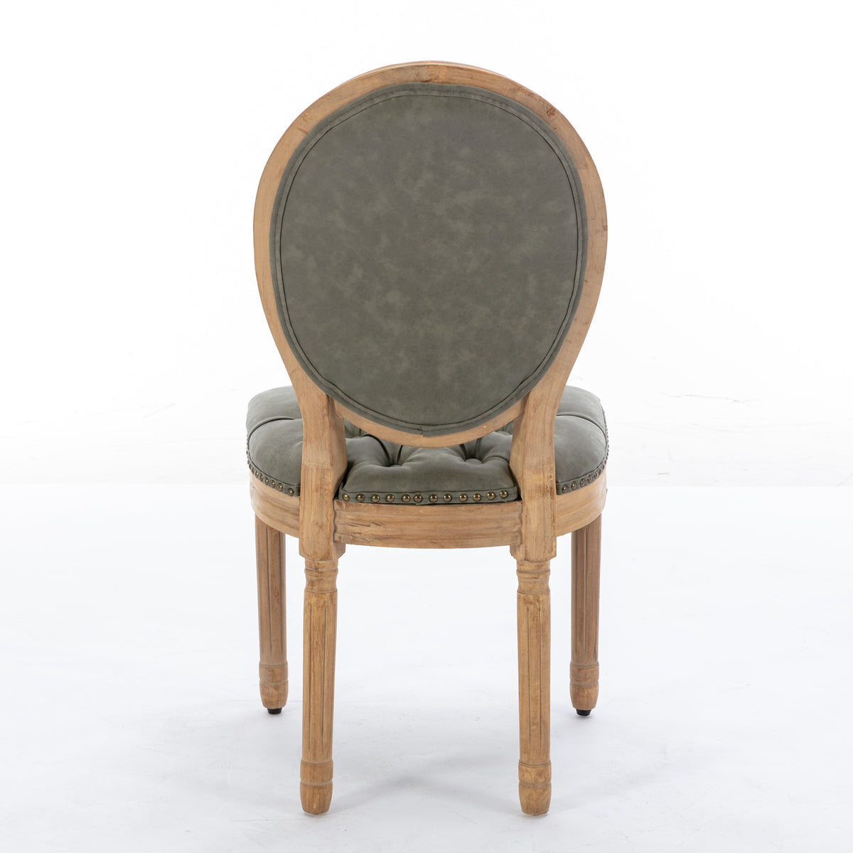 Iseo green dining chair rear view with oval upholstered backrest on white background