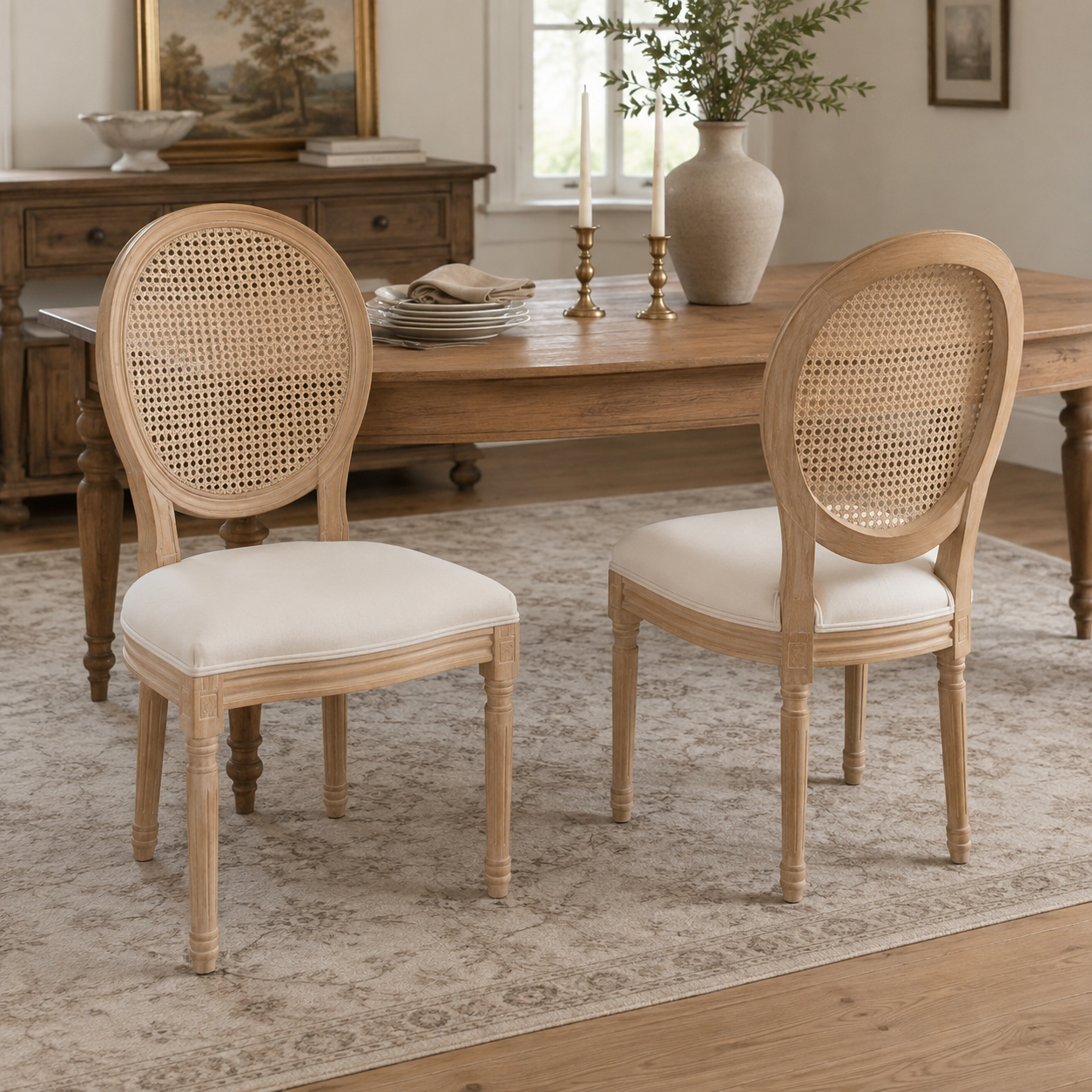 Iseo white upholstered dining chairs in a bright dining room with natural wood finishes