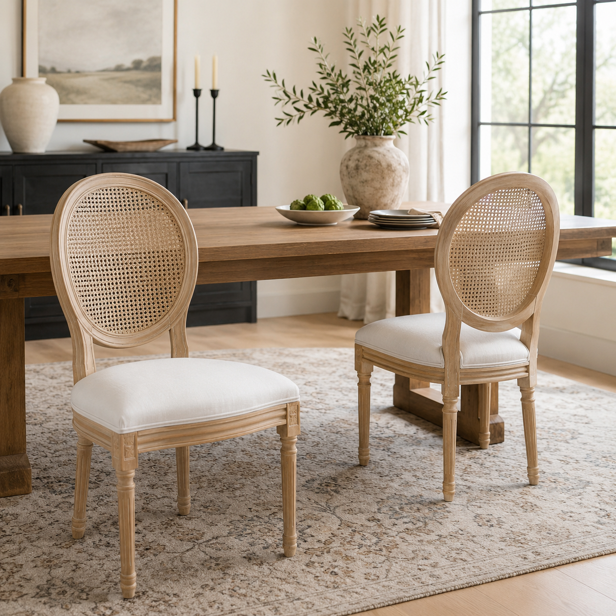 Iseo white dining chair set in a warm dining area with classic decor