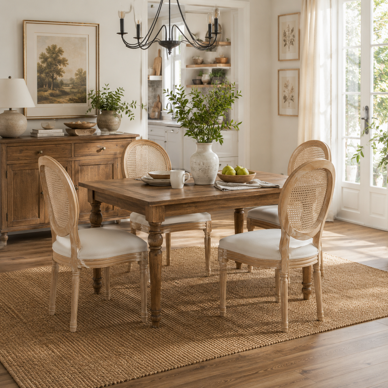 Iseo white button tufted dining chairs arranged around a wood table in a sunlit room