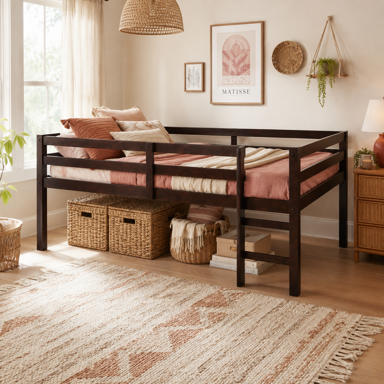 Ivara espresso loft bed showing a full size low loft bed with full-length guardrails in a warm bedroom