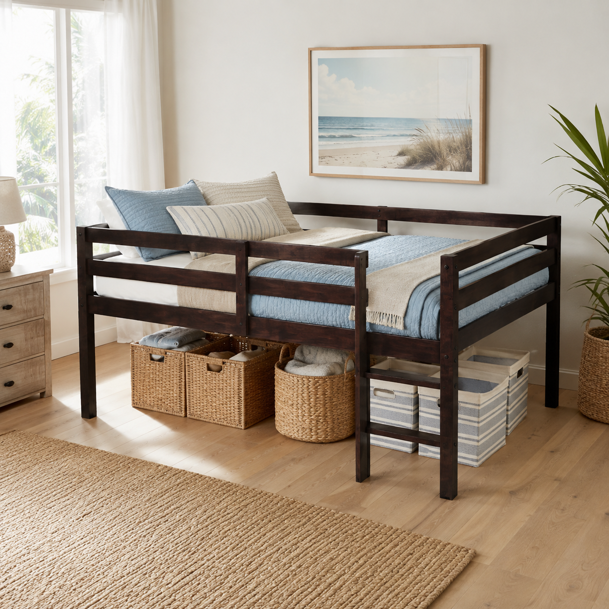 Ivara espresso loft bed showing a cozy bedroom scene with open underbed space and storage baskets