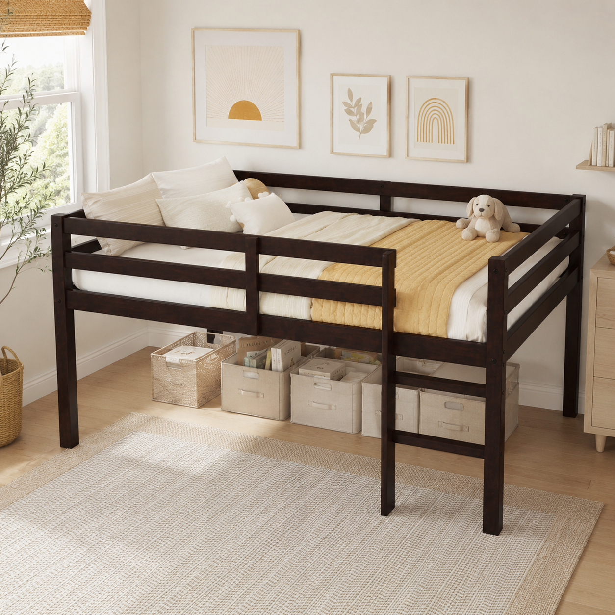 Ivara espresso loft bed showing a side room view with solid wood frame and full-length guardrails