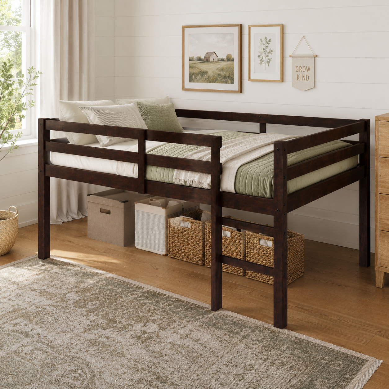 Ivara espresso loft bed showing a bright bedroom setup with open underbed storage space