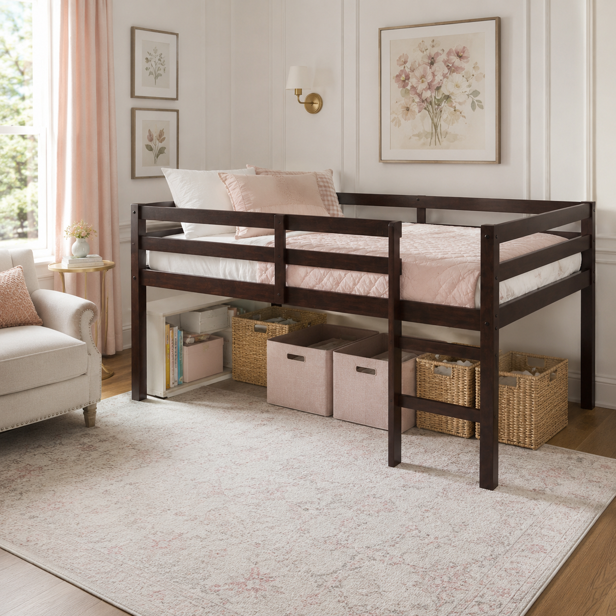 Ivara espresso loft bed showing a low loft layout with baskets stored beneath the bed