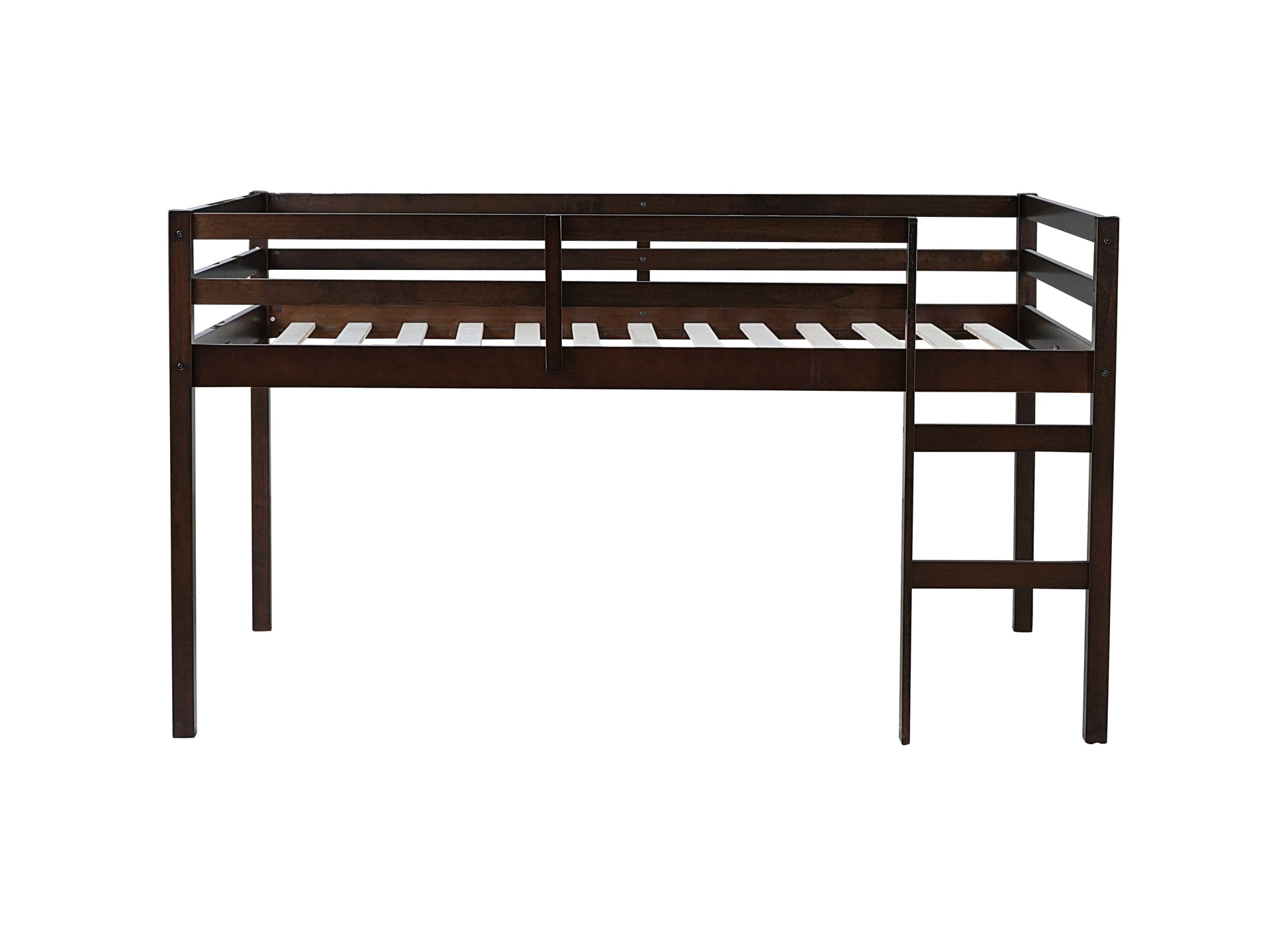 Ivara espresso loft bed showing the front view with full-length guardrails on white background