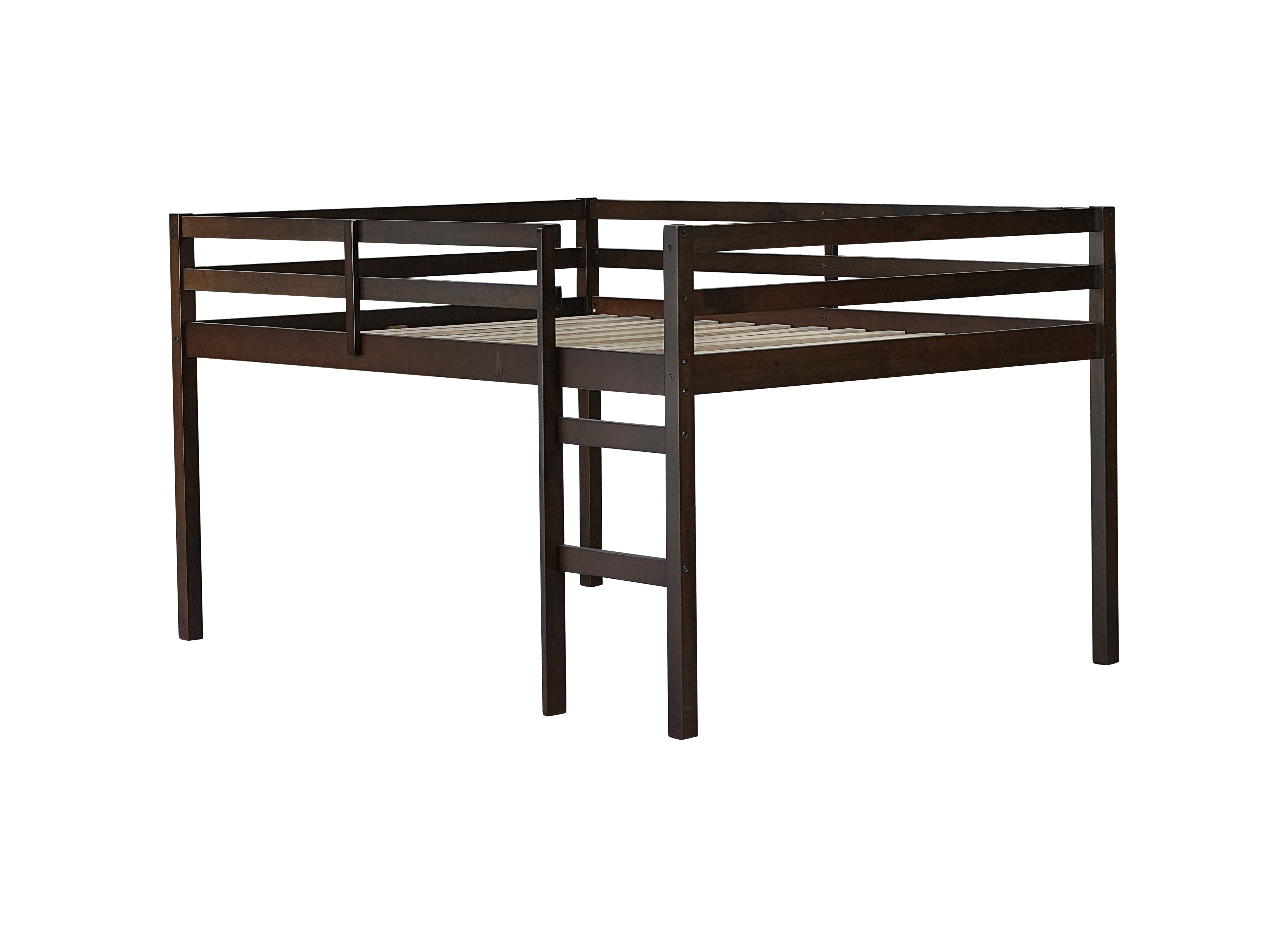 Ivara espresso loft bed showing the front angled view with solid wood frame on white background