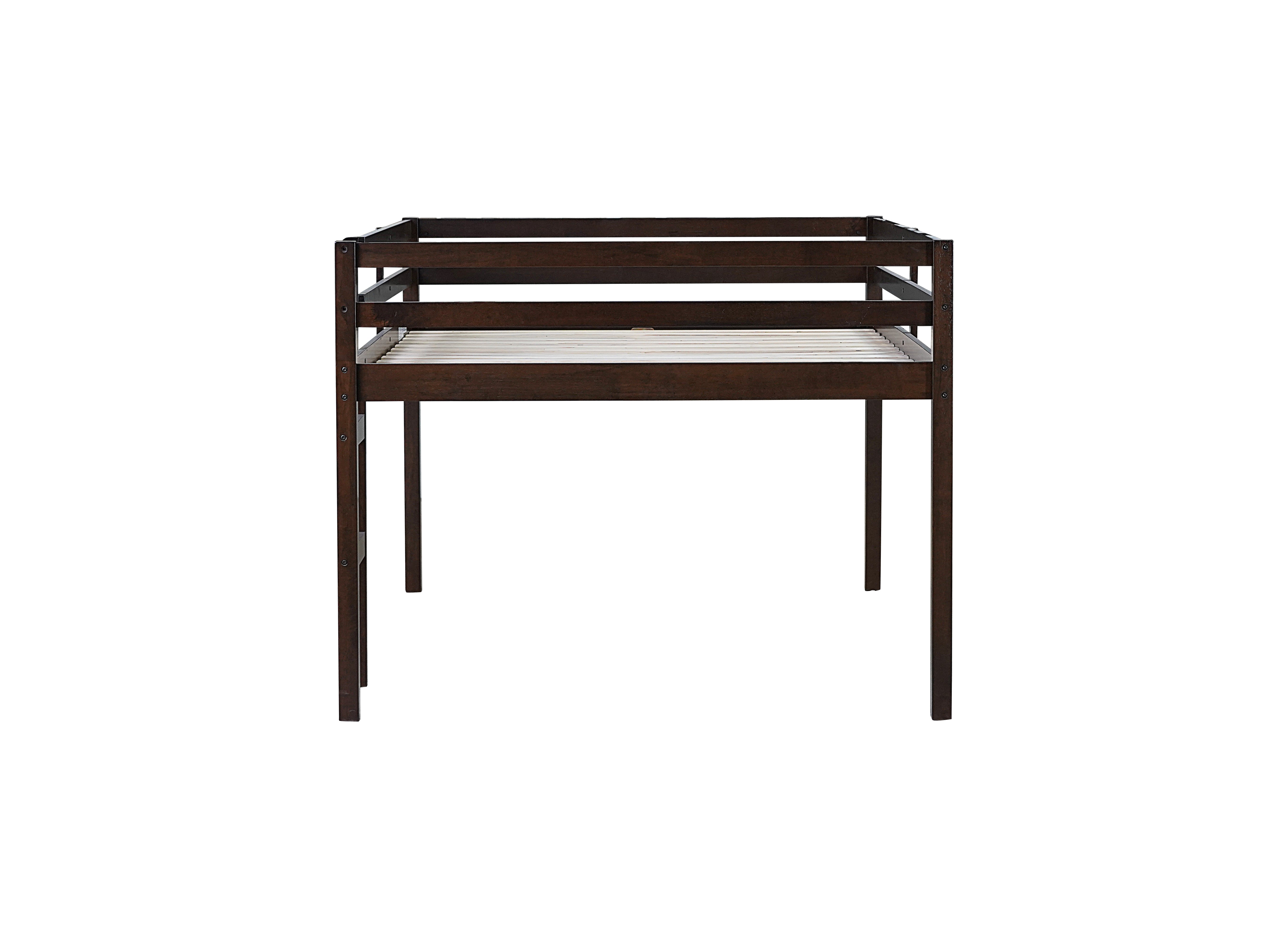 Ivara espresso loft bed showing the side view with open underbed space on white background