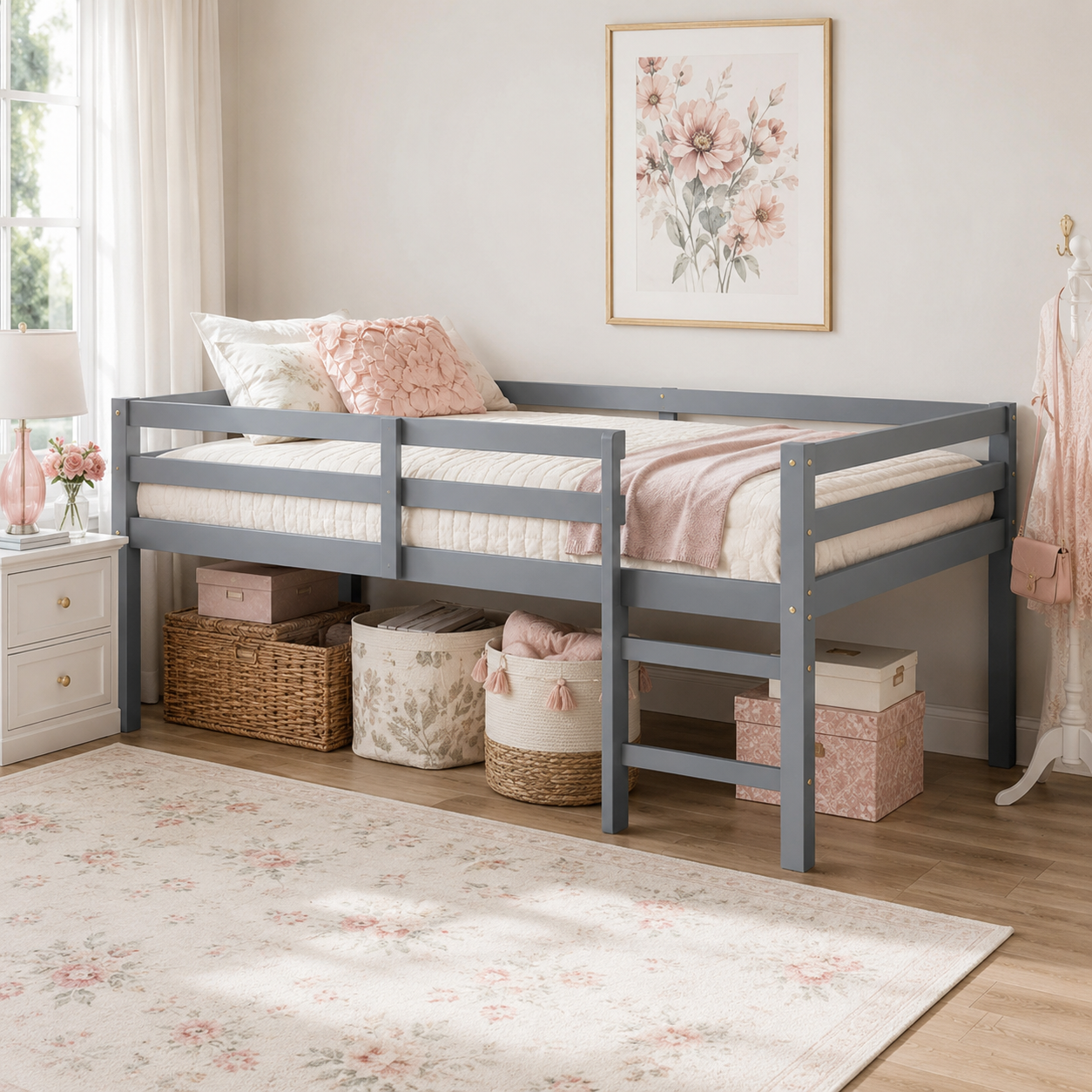 Ivara gray loft bed showing a bedroom setup with open underbed space and woven baskets