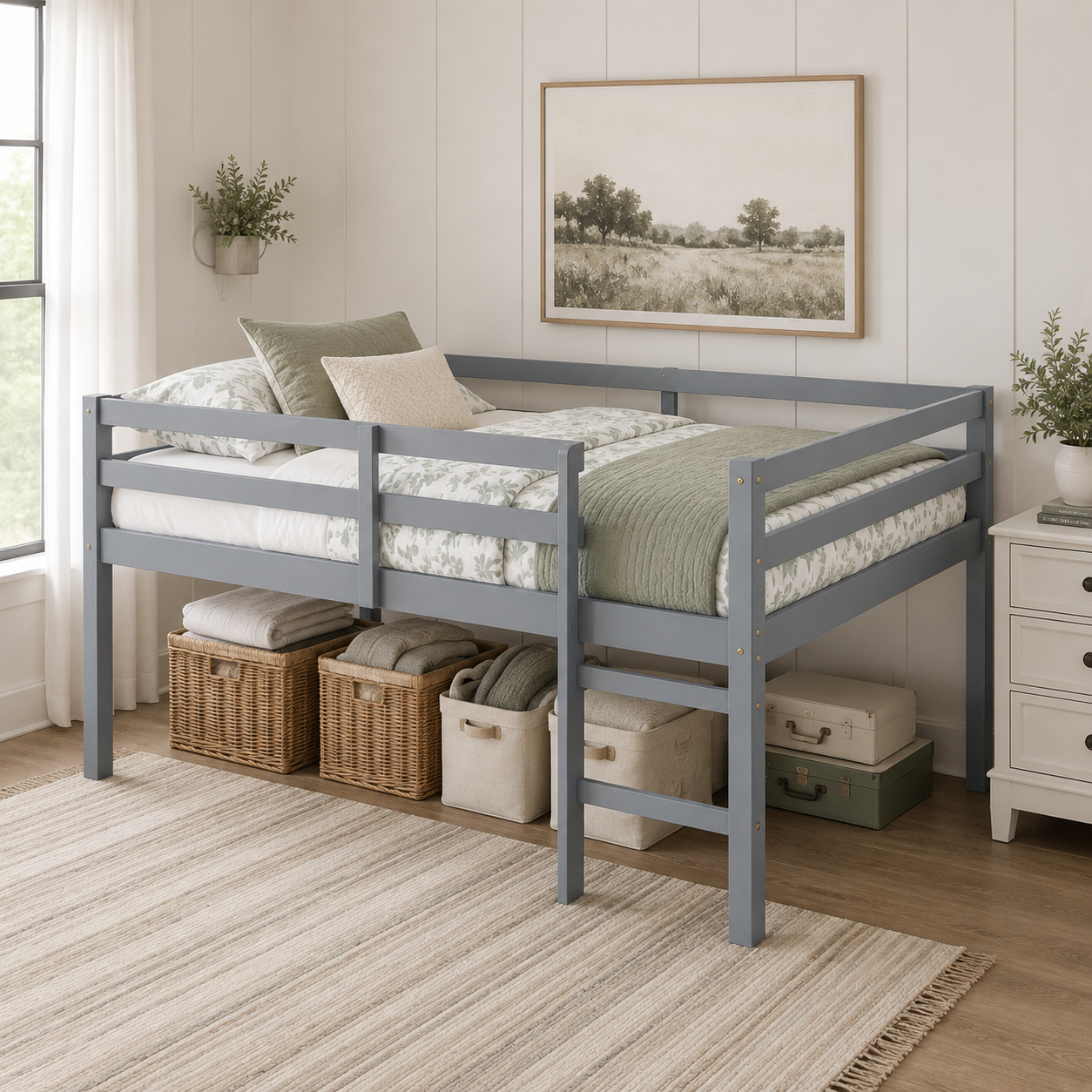 Ivara gray loft bed showing a cozy room view with solid wood frame and guardrails