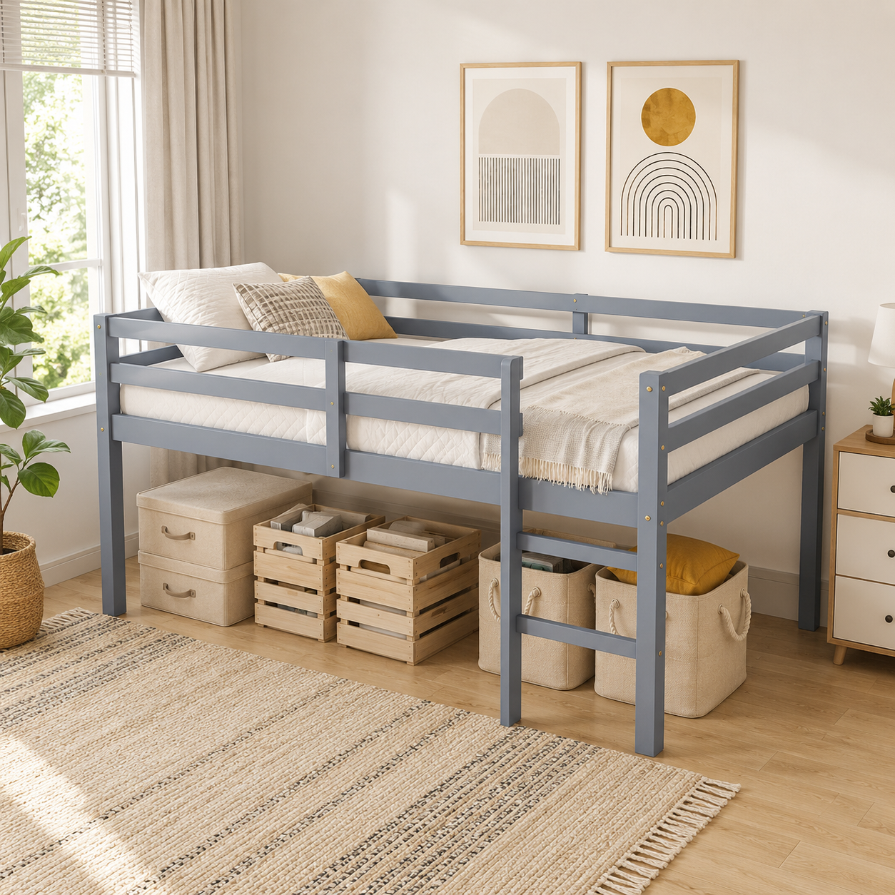 Ivara gray loft bed showing a low loft bedroom scene with storage baskets beneath the bed