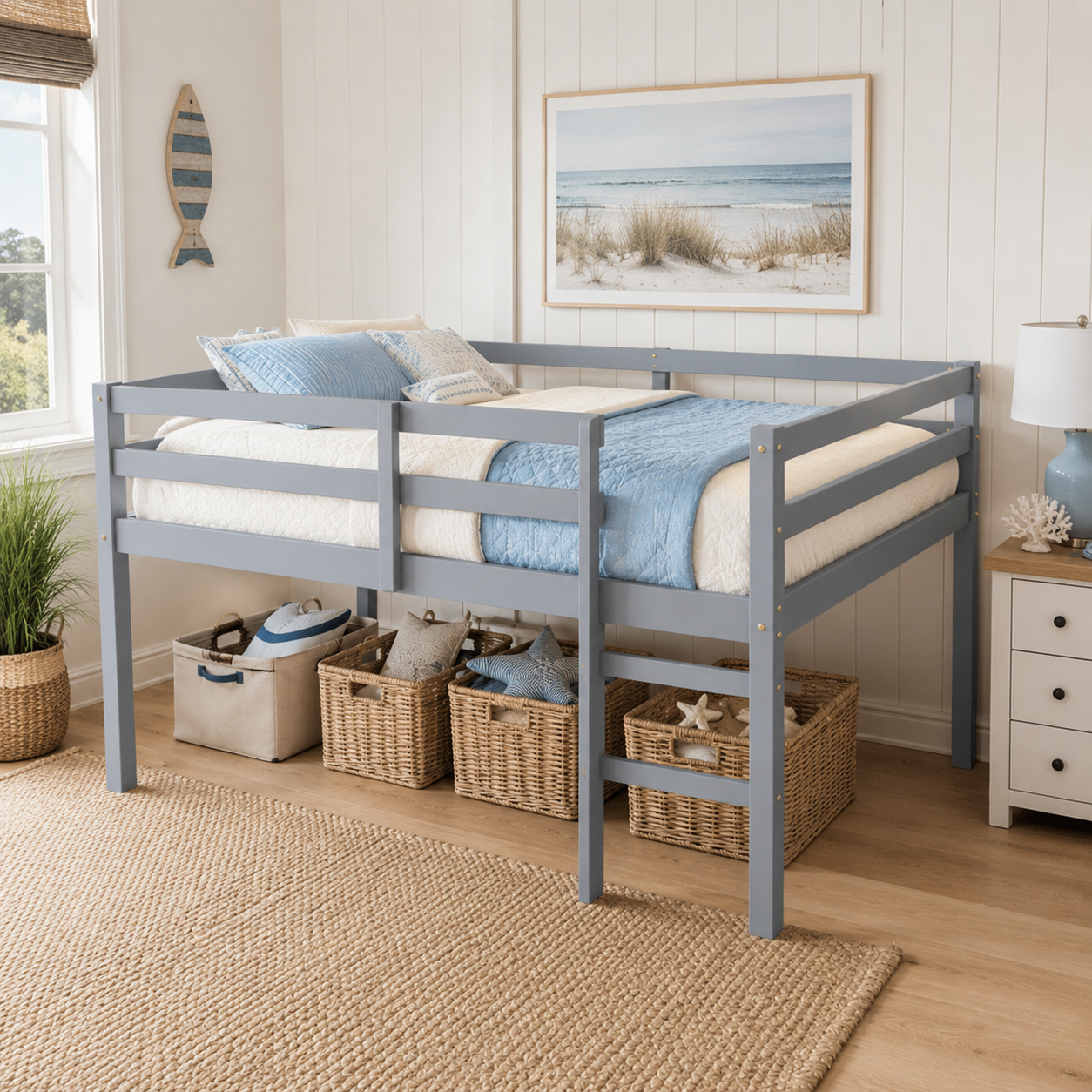 Ivara gray loft bed showing a side room view with open space beneath the sleeping platform