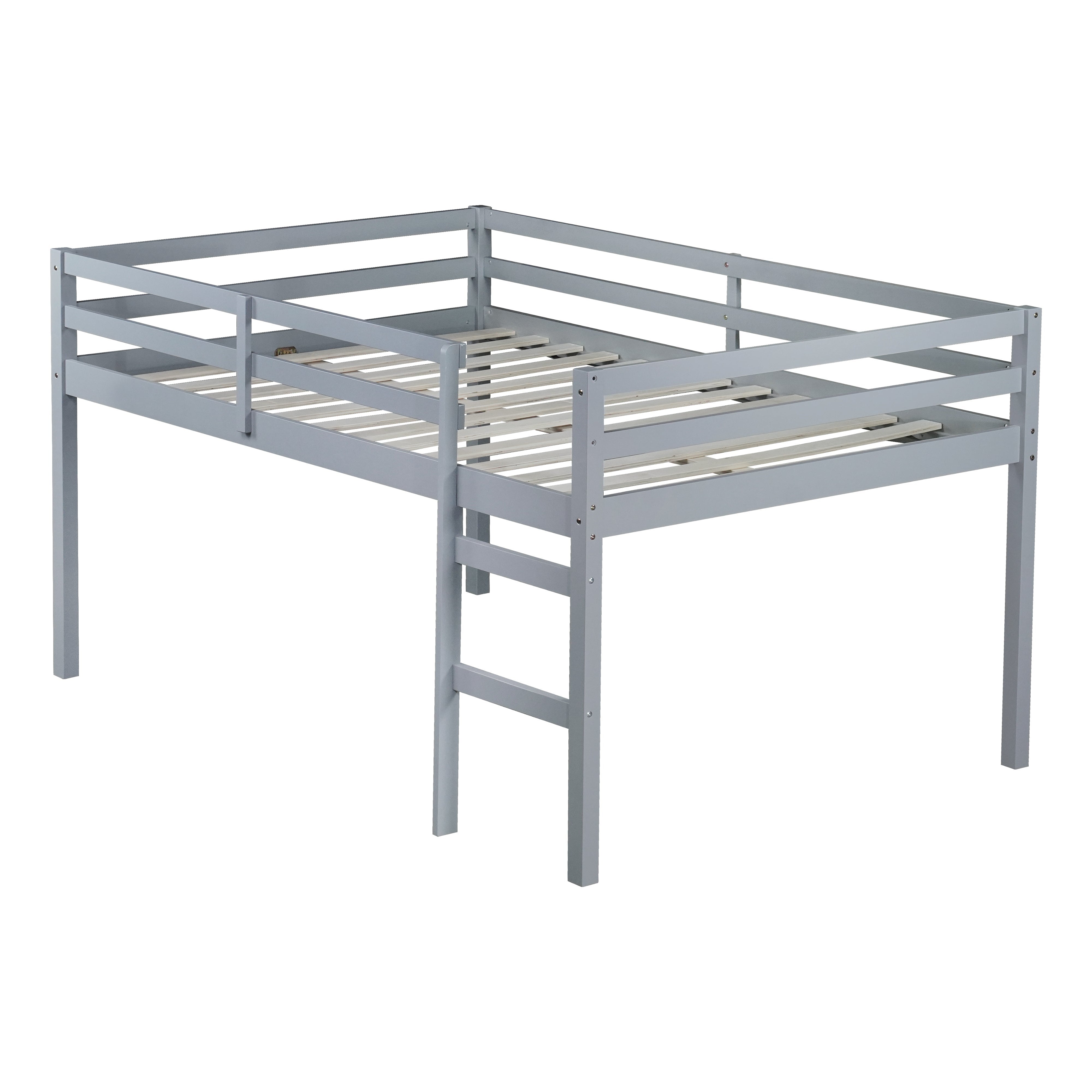 Ivara gray loft bed showing the front angled view with low loft frame on white background