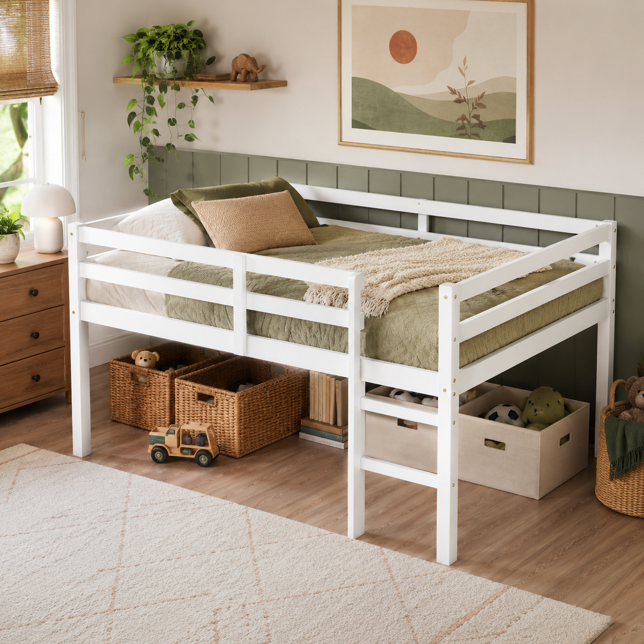 Ivara white loft bed showing a full size low loft bed with full-length guardrails in a bright bedroom