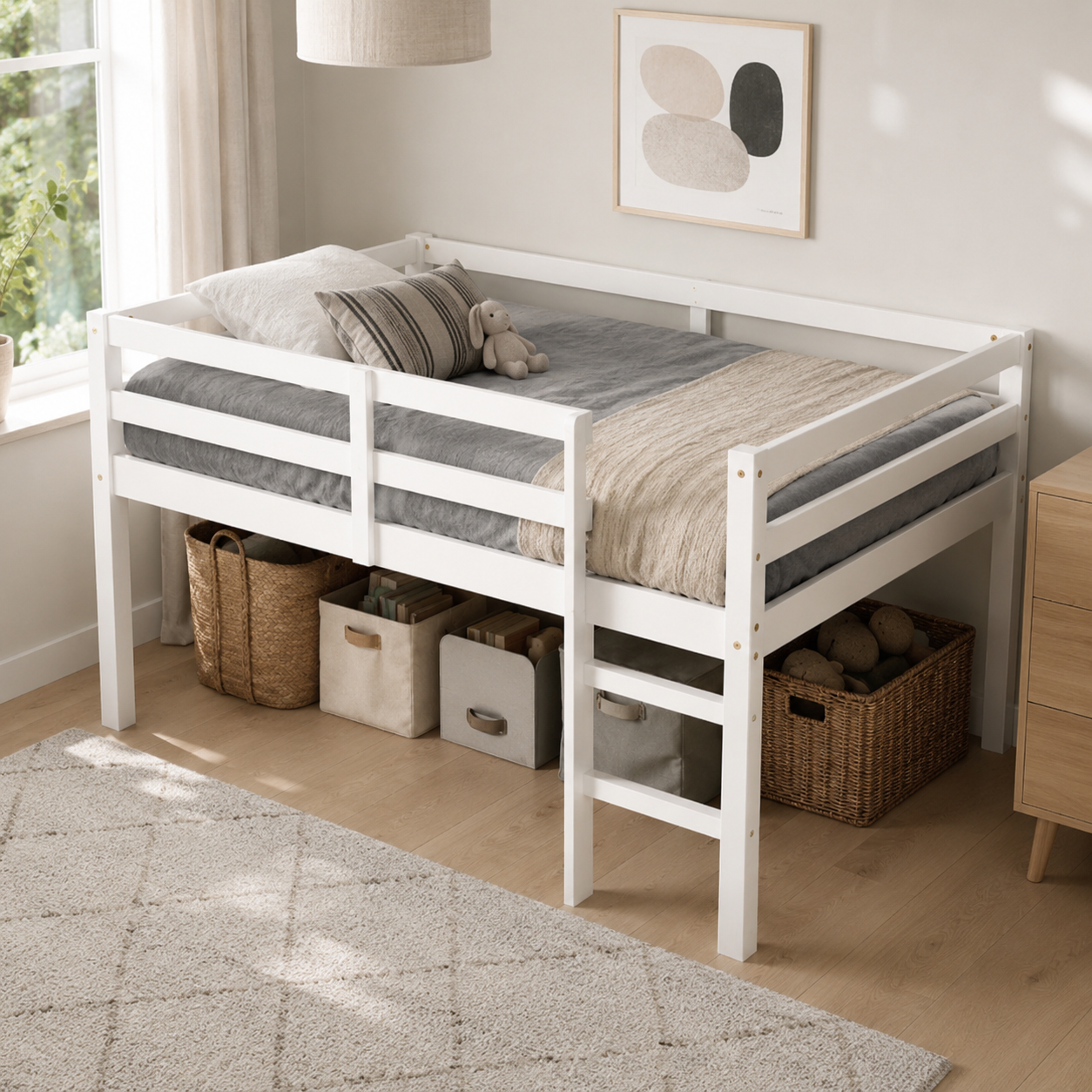 Ivara white loft bed showing a cozy bedroom setup with open underbed space and storage baskets