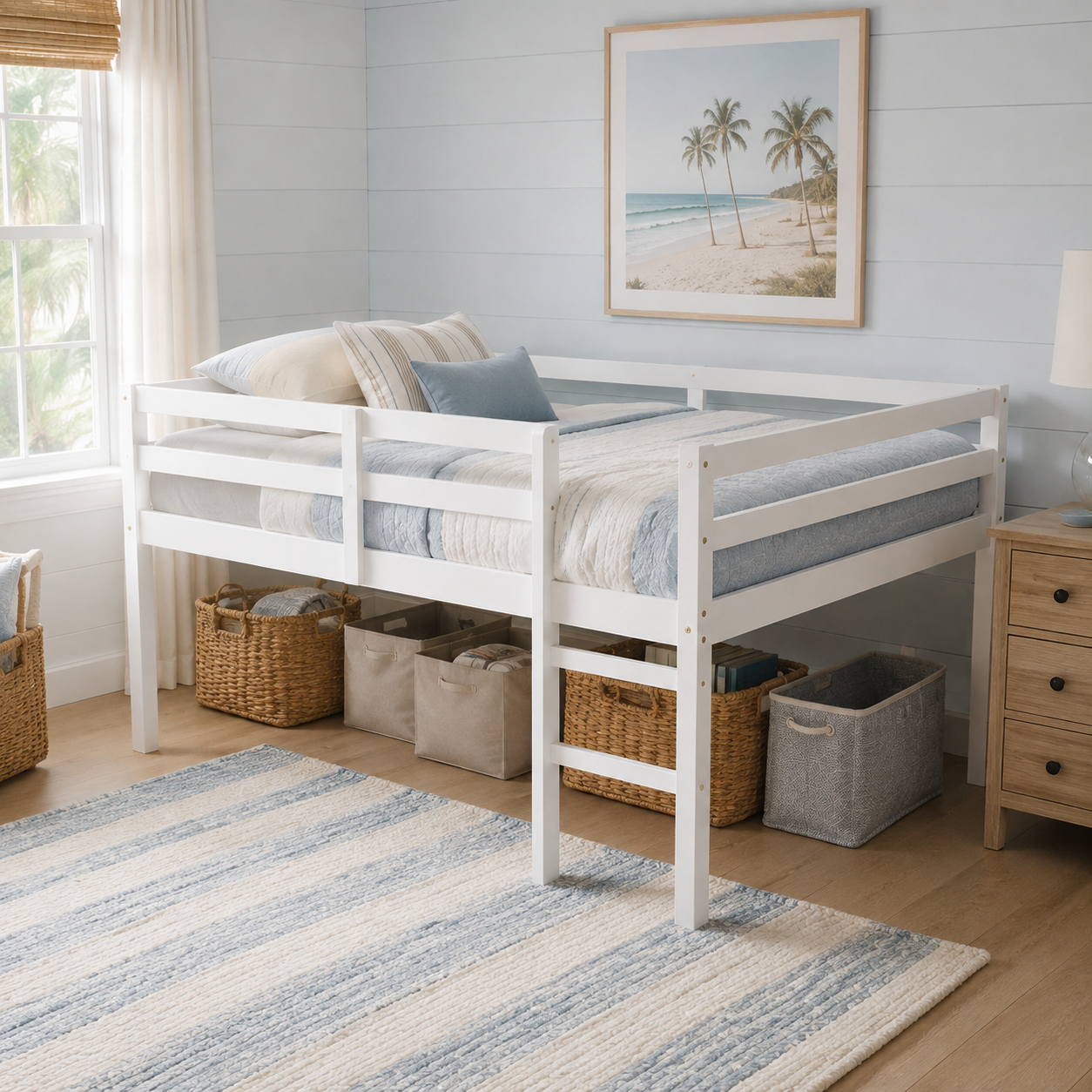 Ivara white loft bed showing a bright room view with solid wood frame and full-length guardrails
